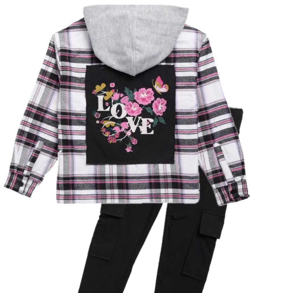 NWT Steve Madden Hooded pink flannel shacket and cargo legging set teen girl
